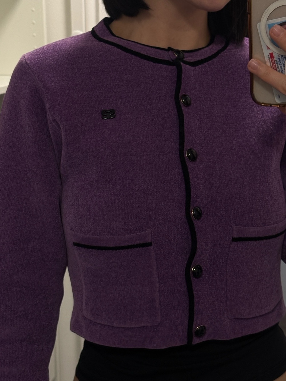 Sandro Purple Knit Button-Front Blazer with Black Trim